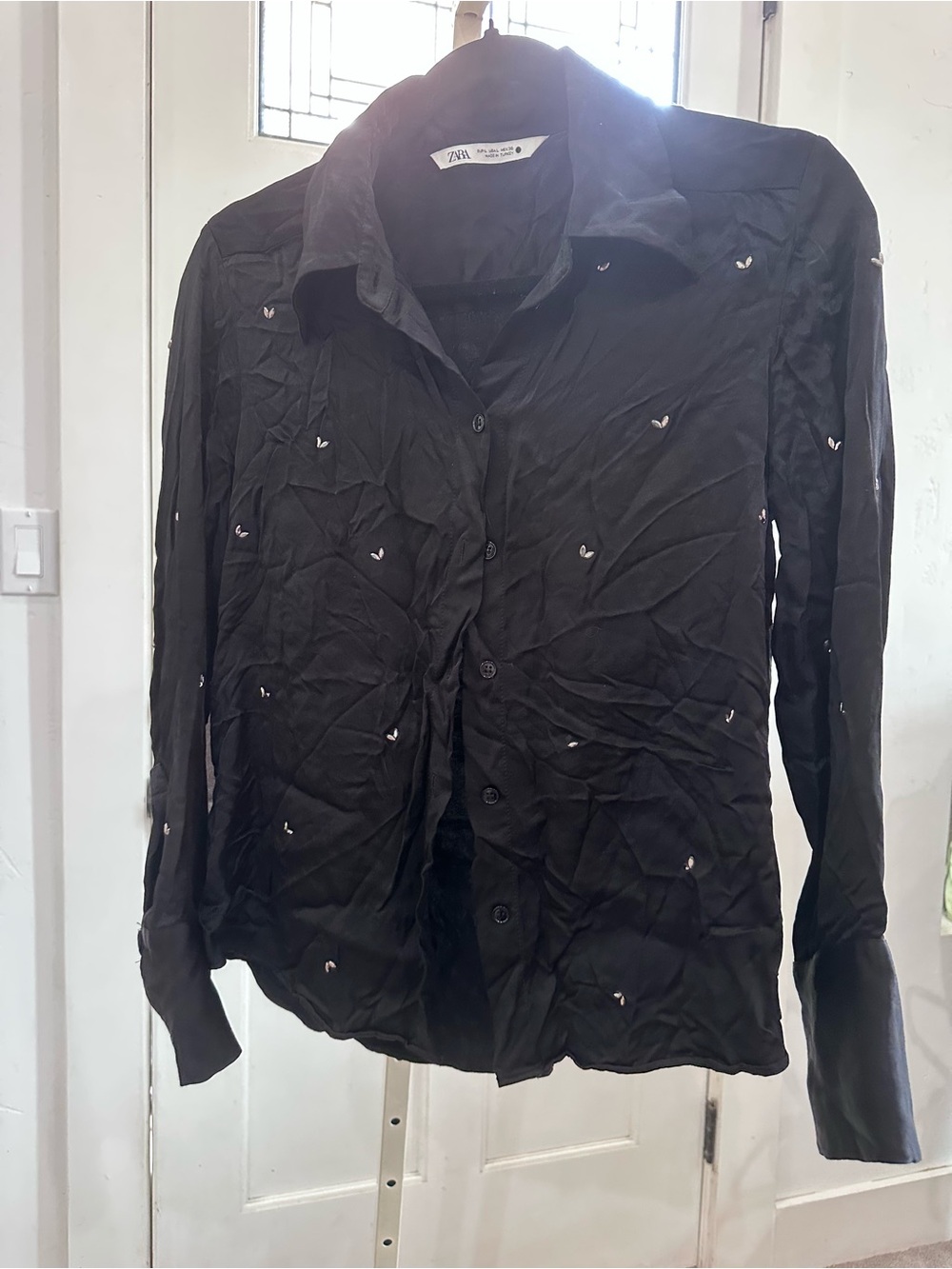 Zara Black Satin Button-Down Shirt with Embellishments